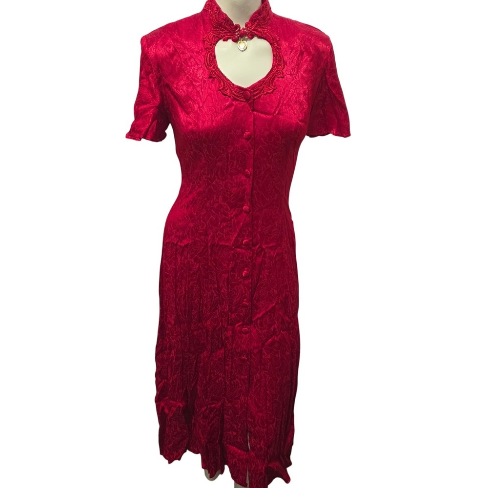 Jody California Red Jacquard Midi Dress Heart Cutout Lace Back USA Vintage 5/6